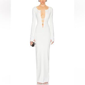 HELSA Niall Deep V Neck Dress White knit plunge maxi ties Revolve S